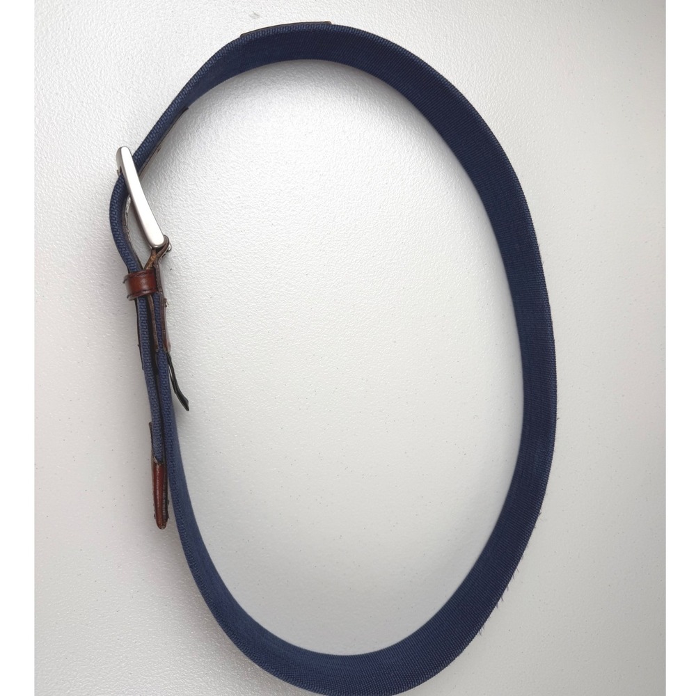 Brooks Brothers Mens Grosgrain Ribbon Belt Blue Yellow‎ Stripe Leather Trim 38